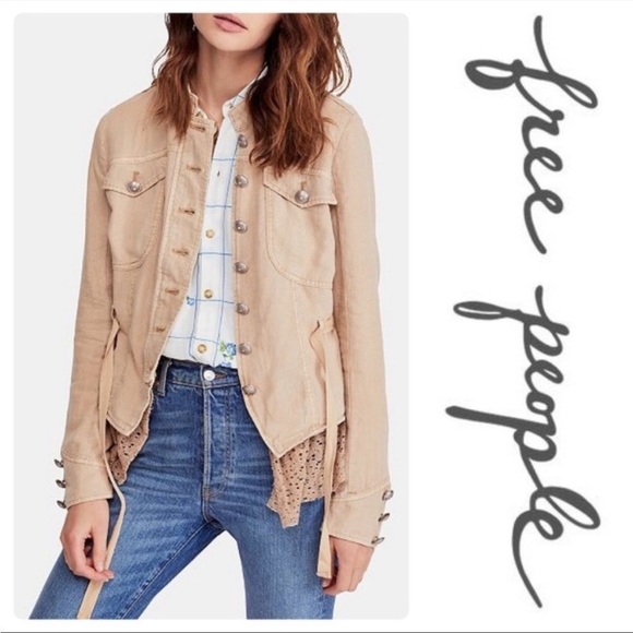 Free People Emilia Jacket Tan Linen Military Lace Hem Sz XS - Picture 1 of 12